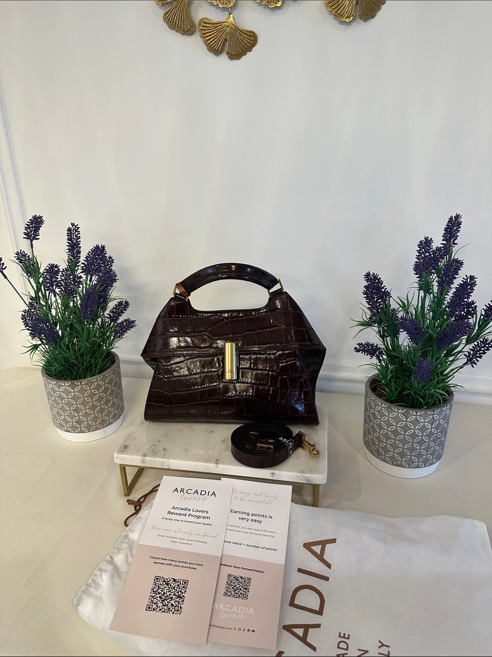 Arcadia Dark Brown Croc-Embossed Satchel with Gold Hardware